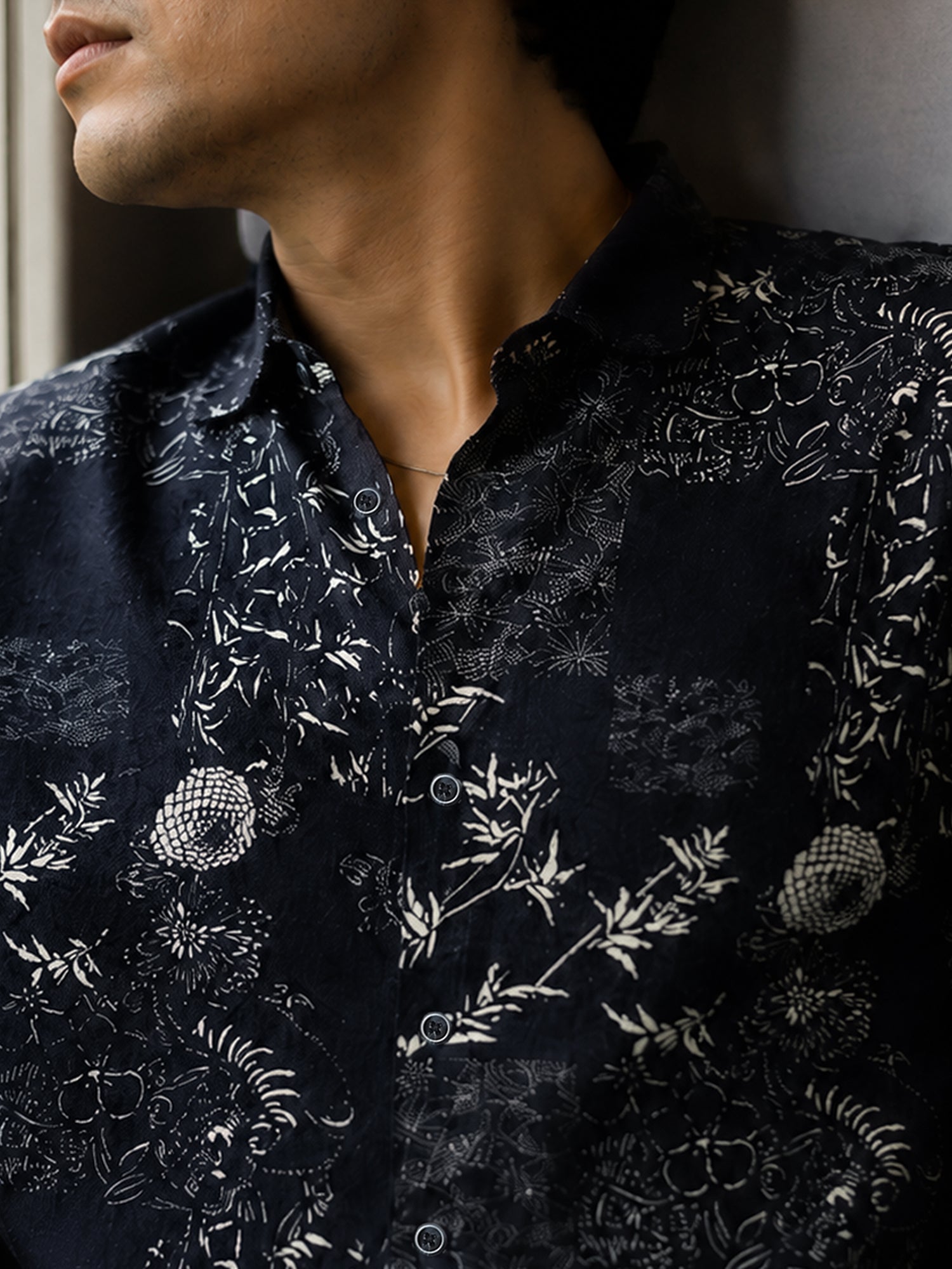 Men Navy Floral Printed Cotton Shirt