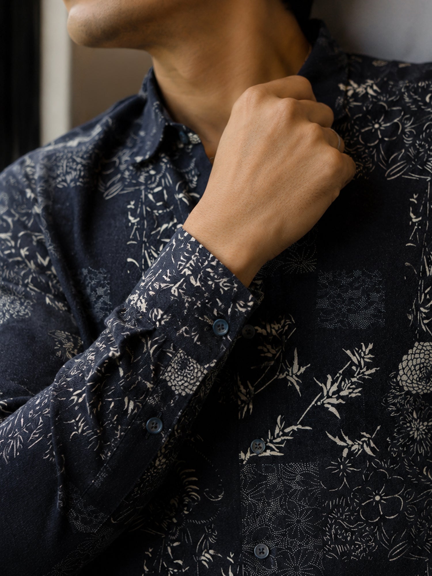 Men Navy Floral Printed Cotton Shirt