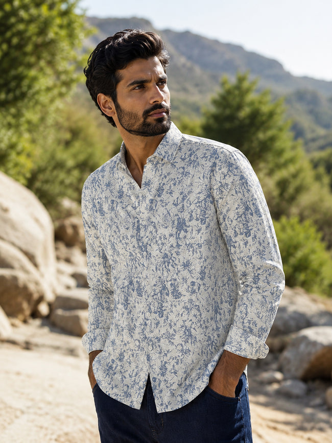 Men Off White Printed Cotton Shirt