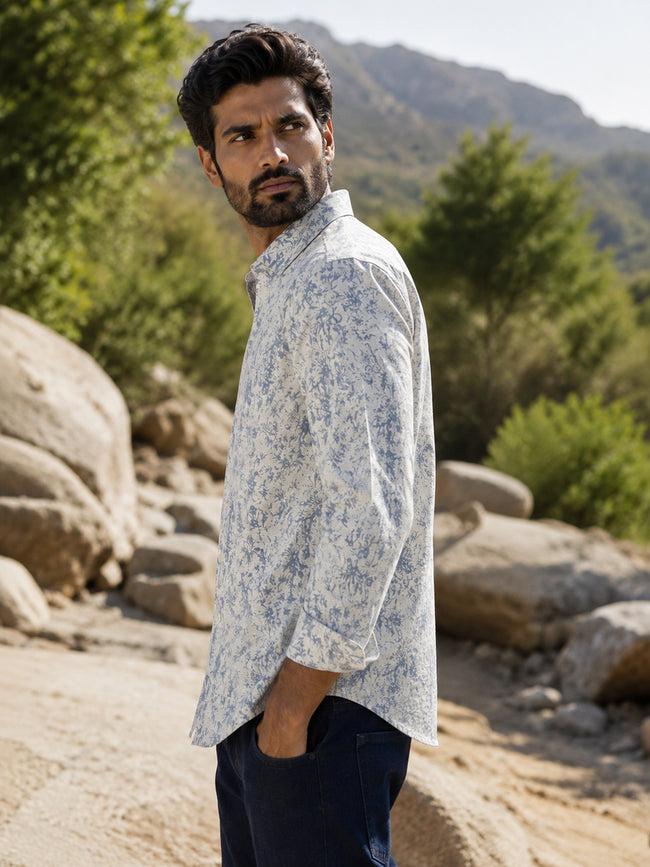 Men Off White Printed Cotton Shirt