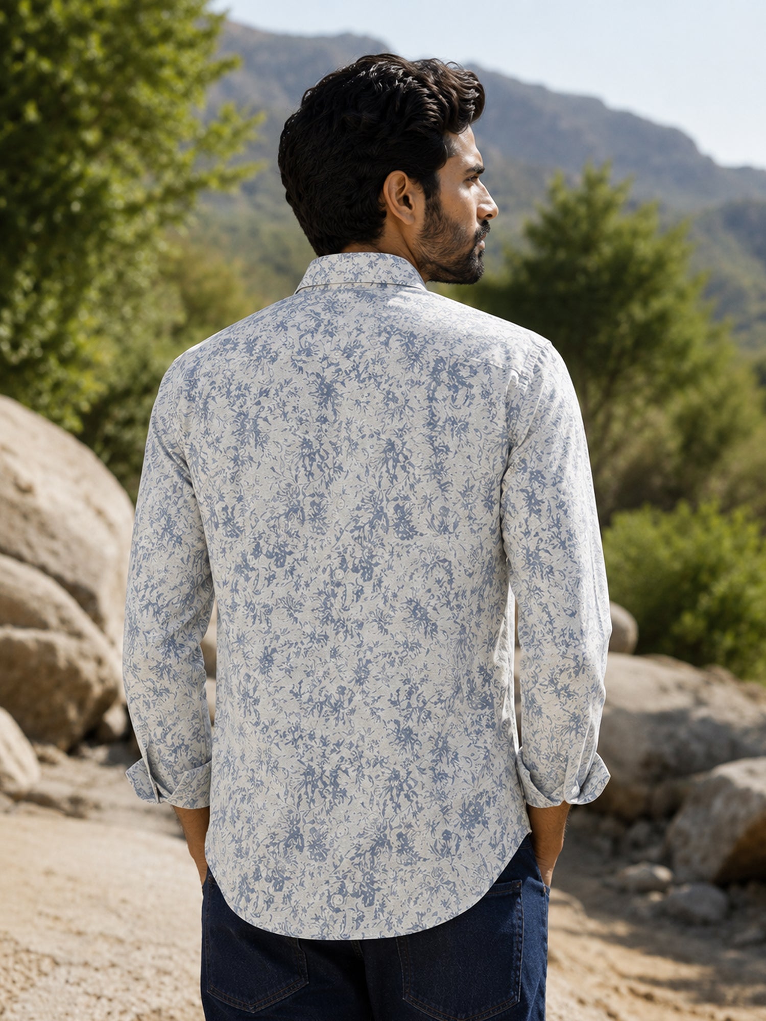 Men Off White Printed Cotton Shirt
