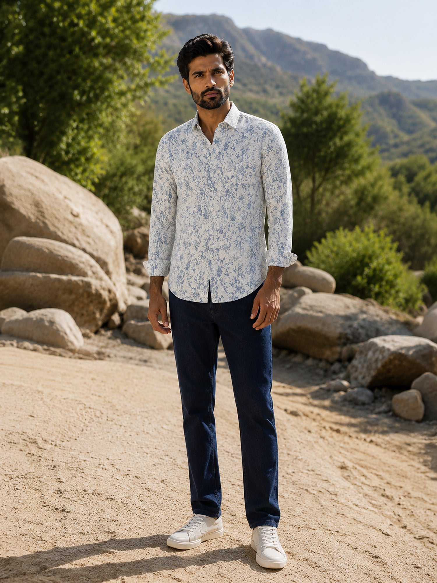 Men Off White Printed Cotton Shirt