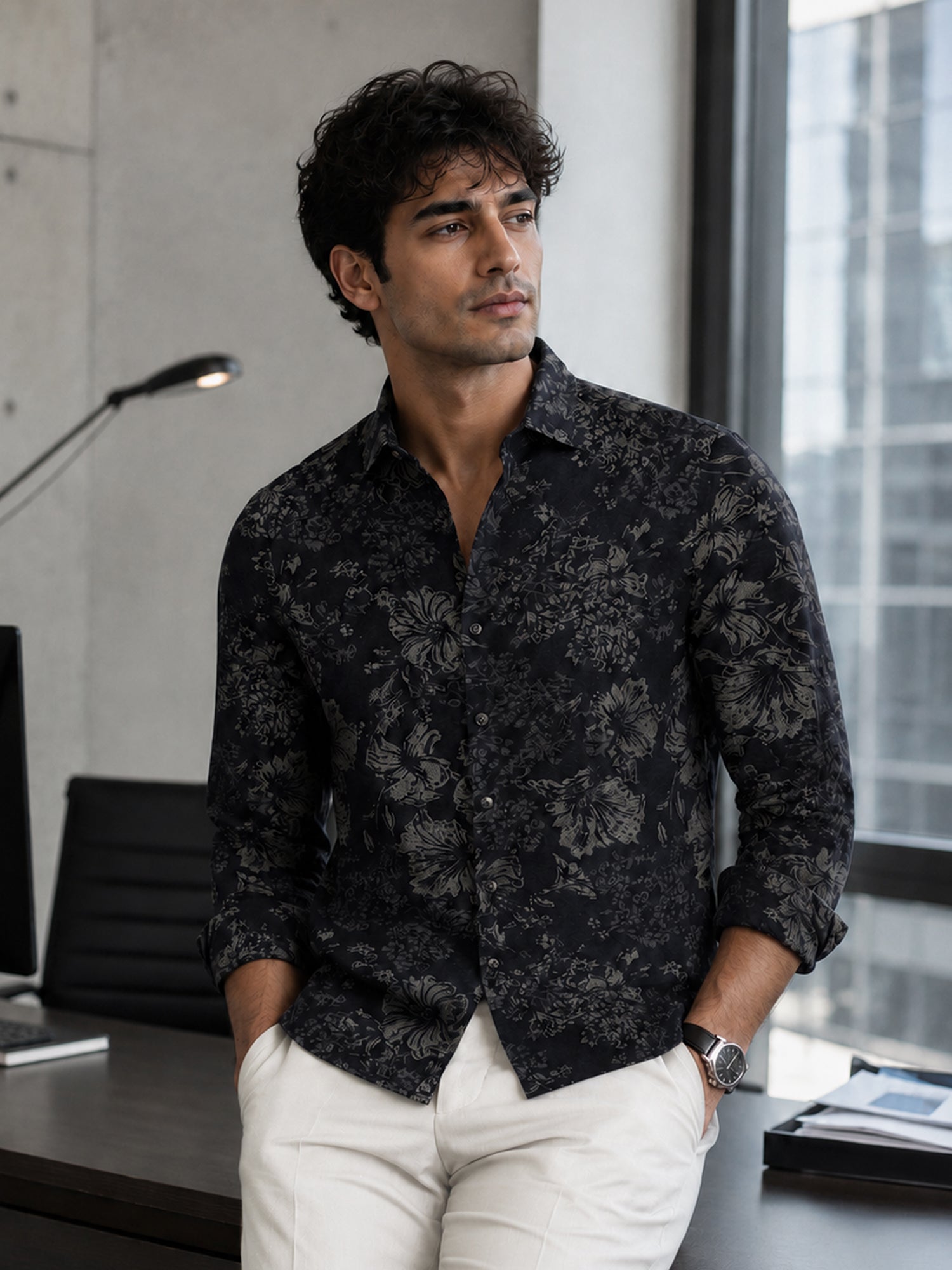Men Navy Floral Printed Cotton Shirt