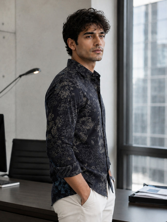 Men Navy Floral Printed Cotton Shirt