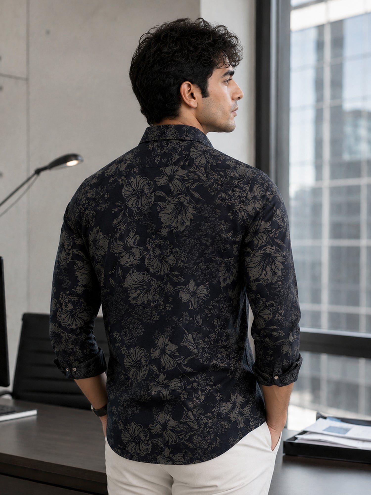 Men Navy Floral Printed Cotton Shirt