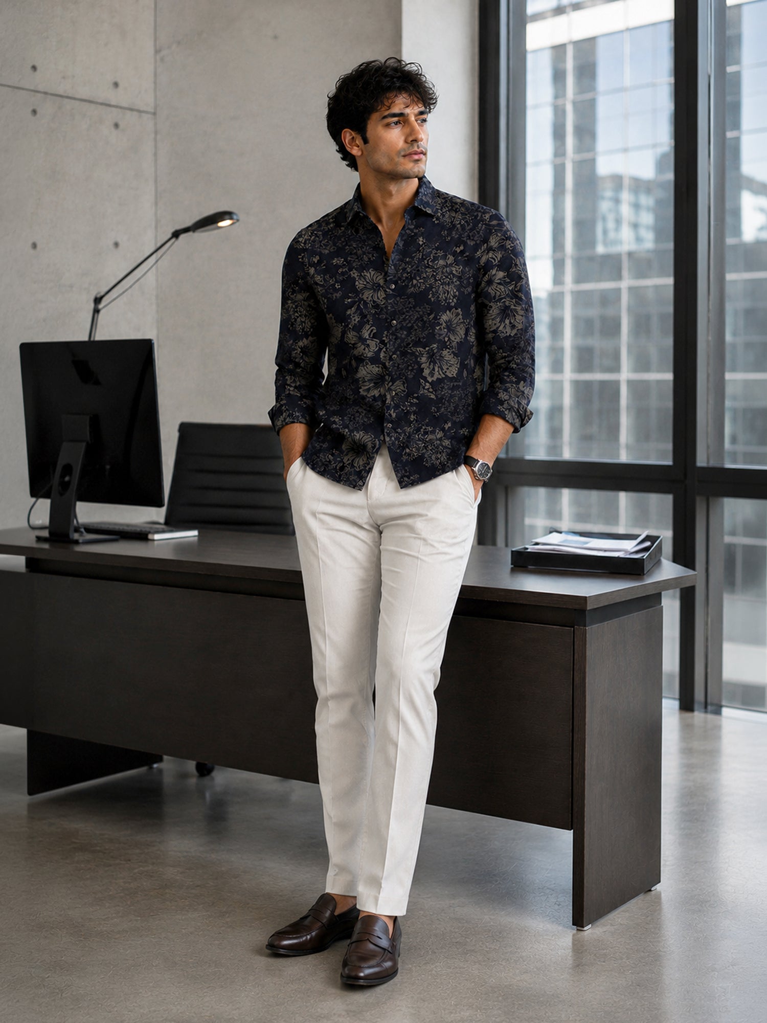 Men Navy Floral Printed Cotton Shirt