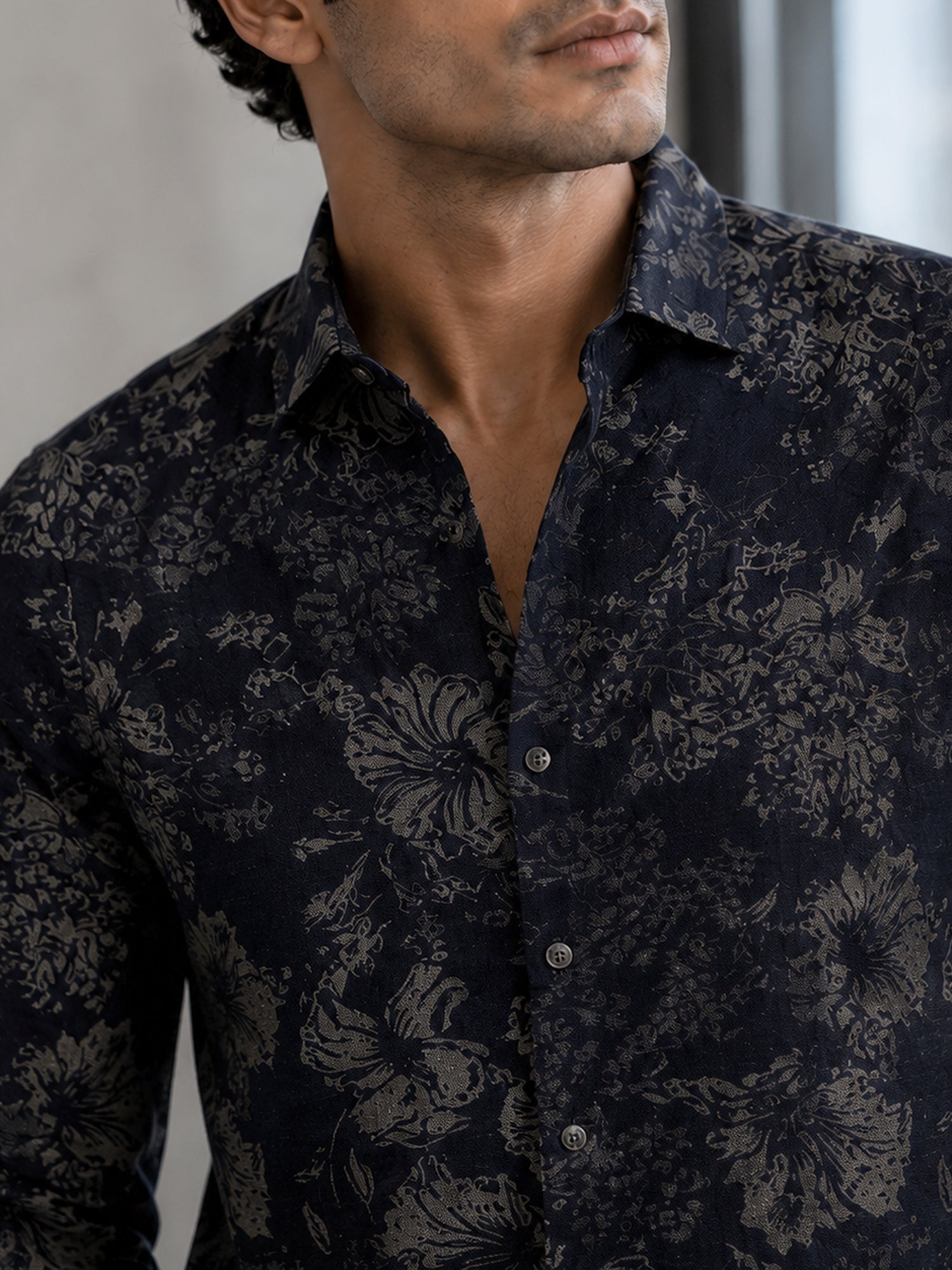 Men Navy Floral Printed Cotton Shirt
