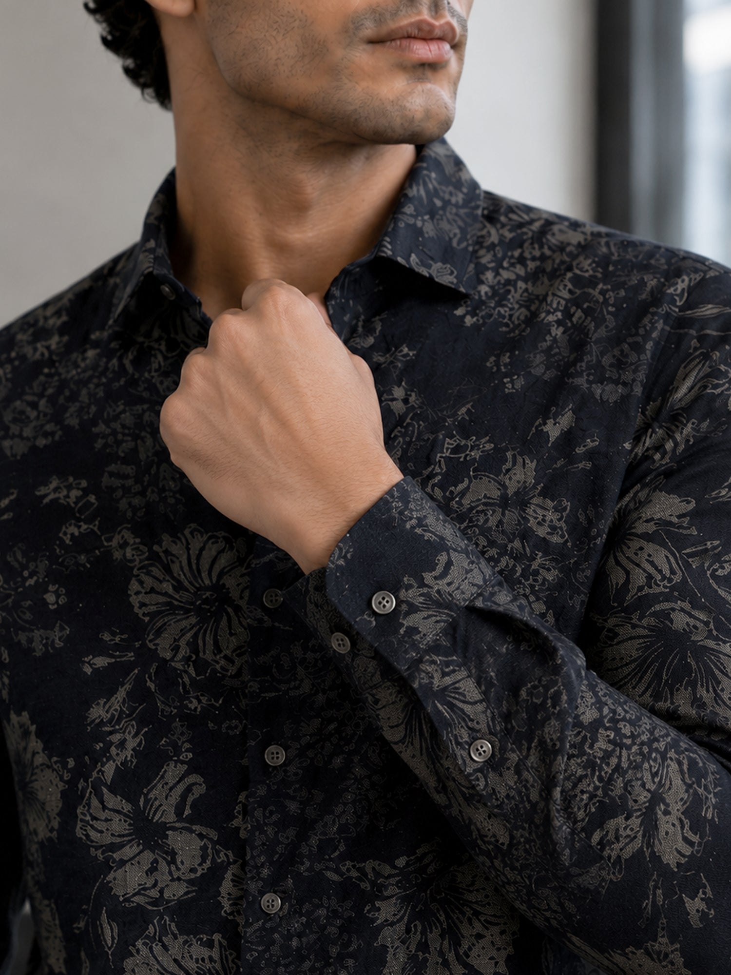 Men Navy Floral Printed Cotton Shirt