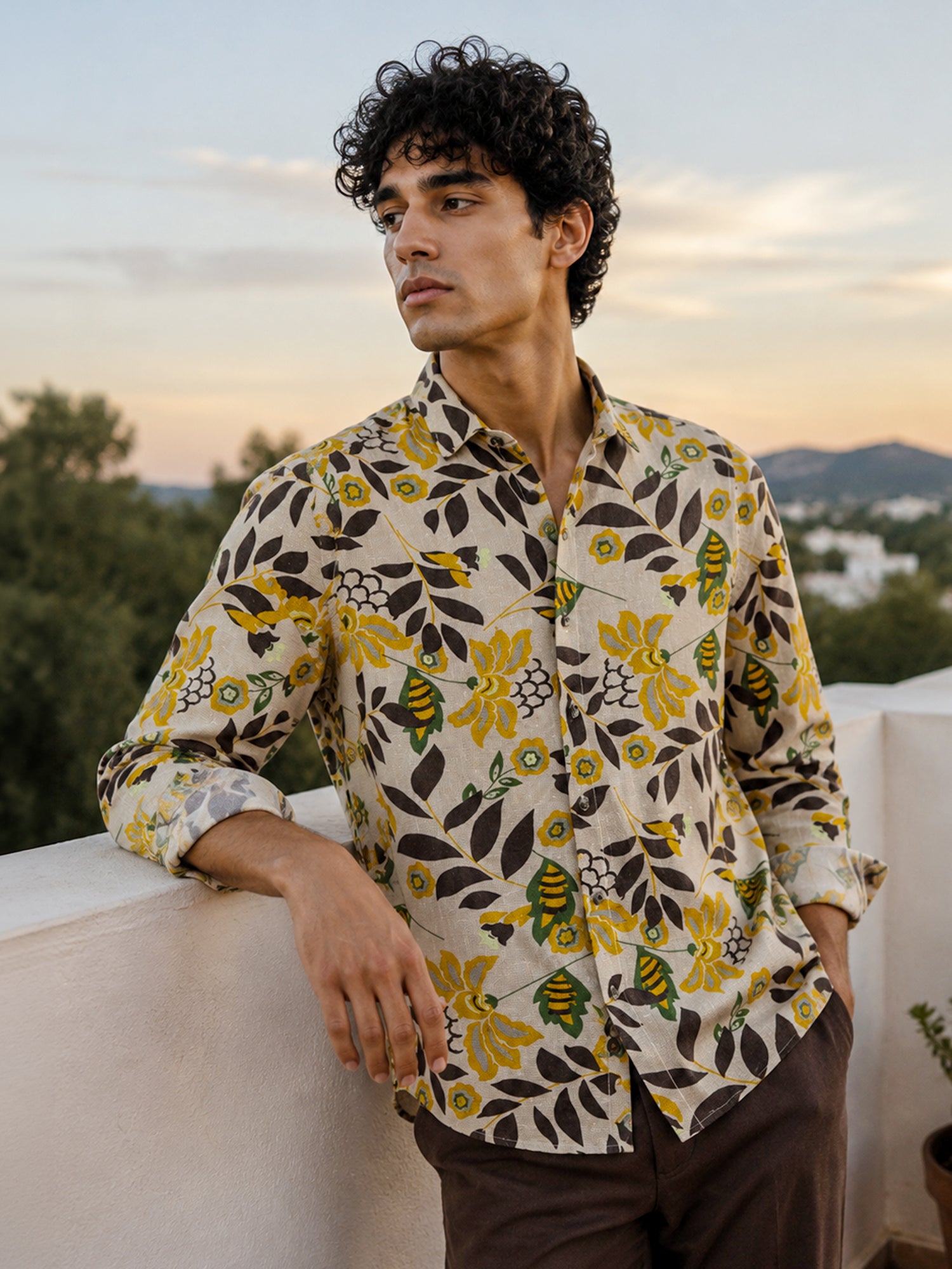 Men Beige Printed Cotton Regular Fit Shirt
