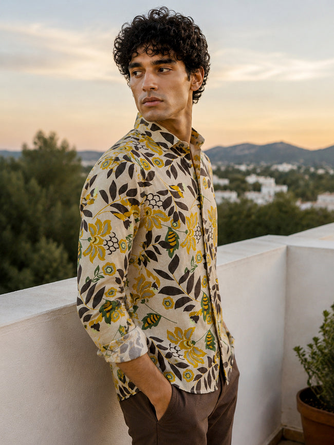 Men Beige Printed Cotton Regular Fit Shirt