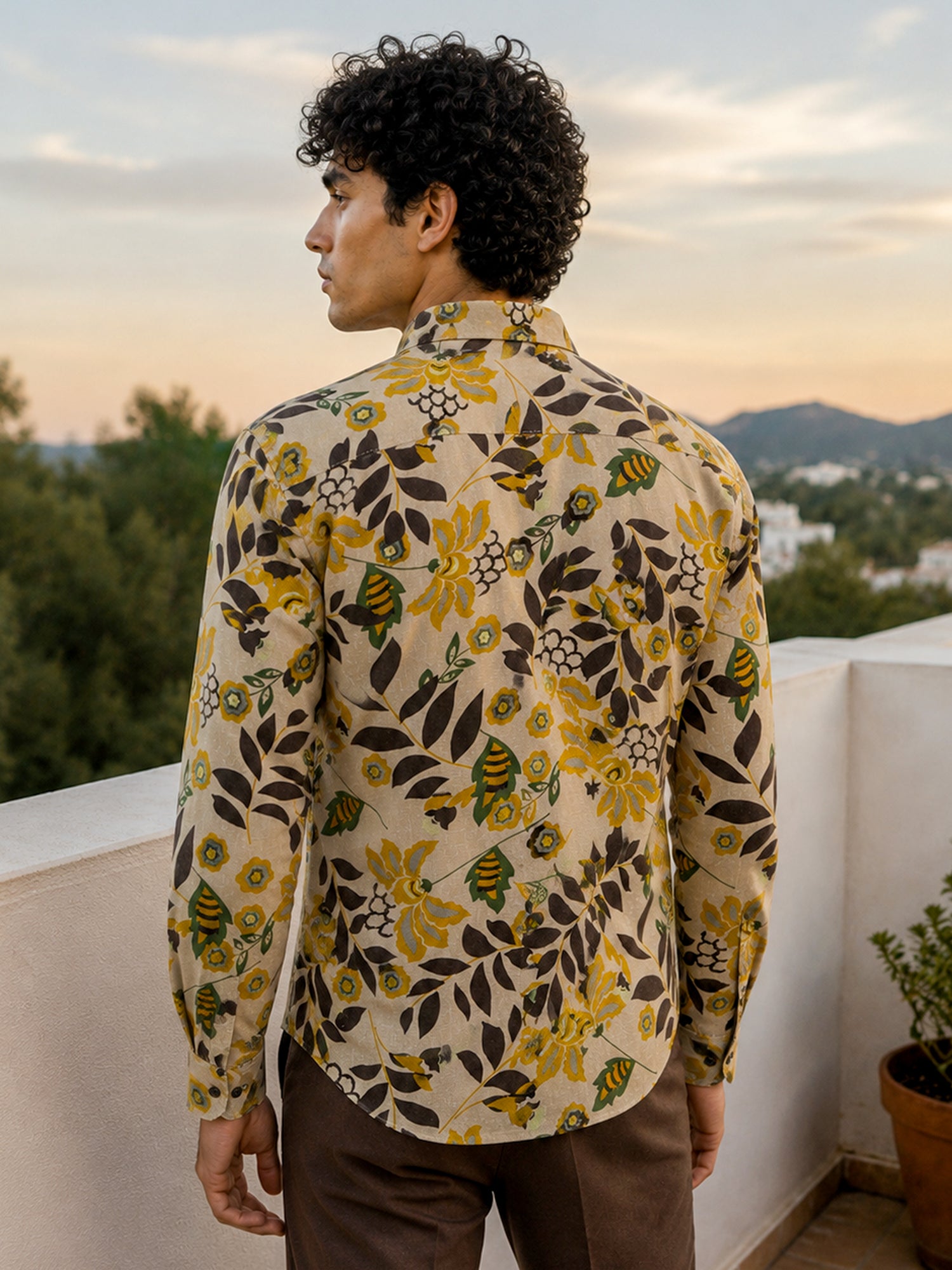 Men Beige Printed Cotton Regular Fit Shirt