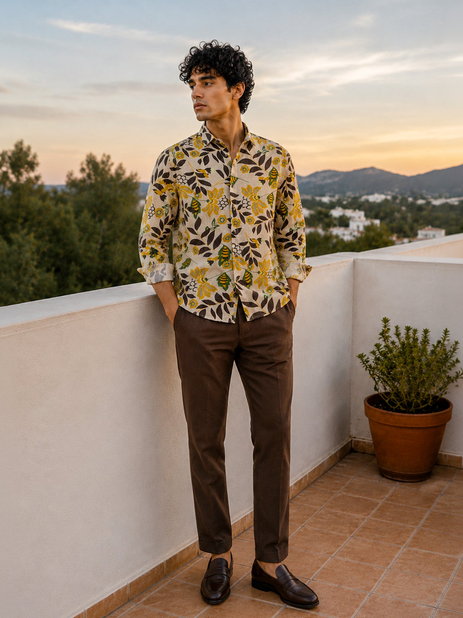 Men Beige Printed Cotton Regular Fit Shirt