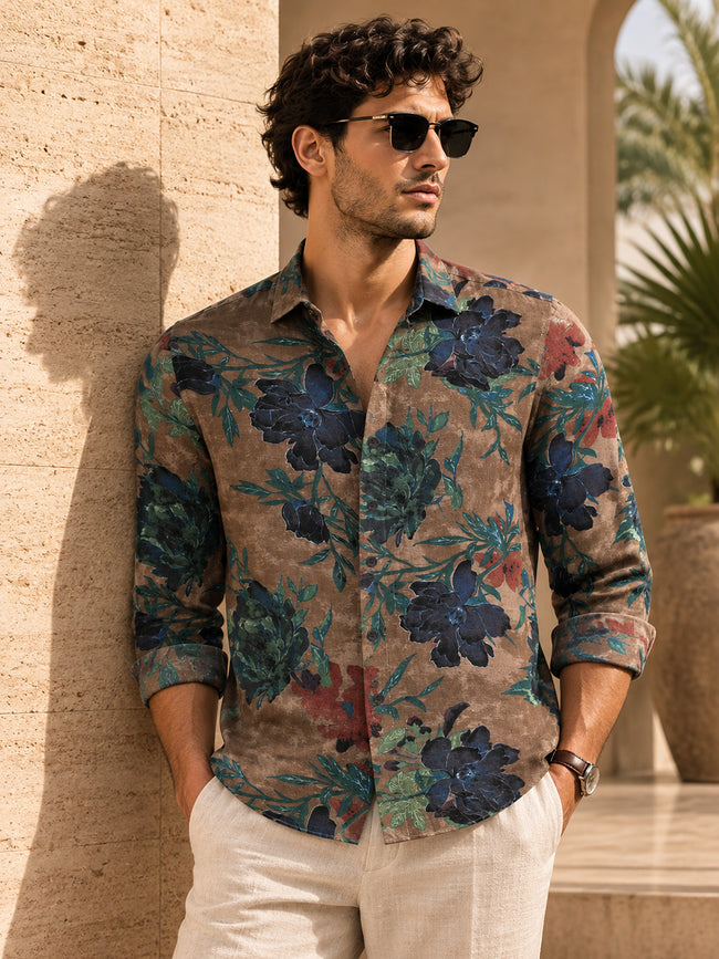 Men Brown Floral Print Full Sleeves Shirt