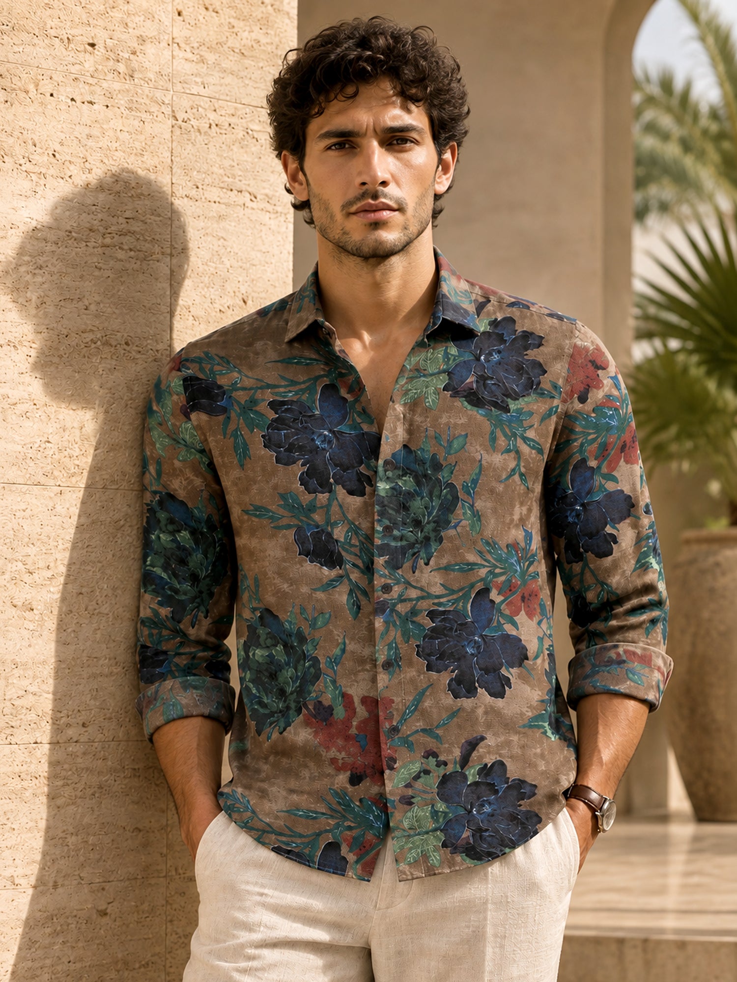 Men Brown Floral Print Full Sleeves Shirt