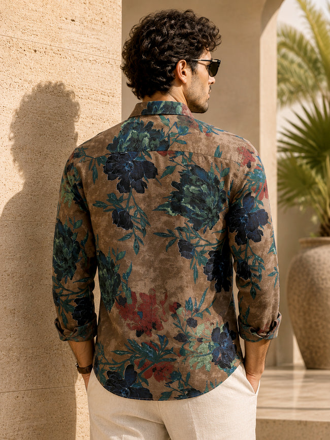 Men Brown Floral Print Full Sleeves Shirt