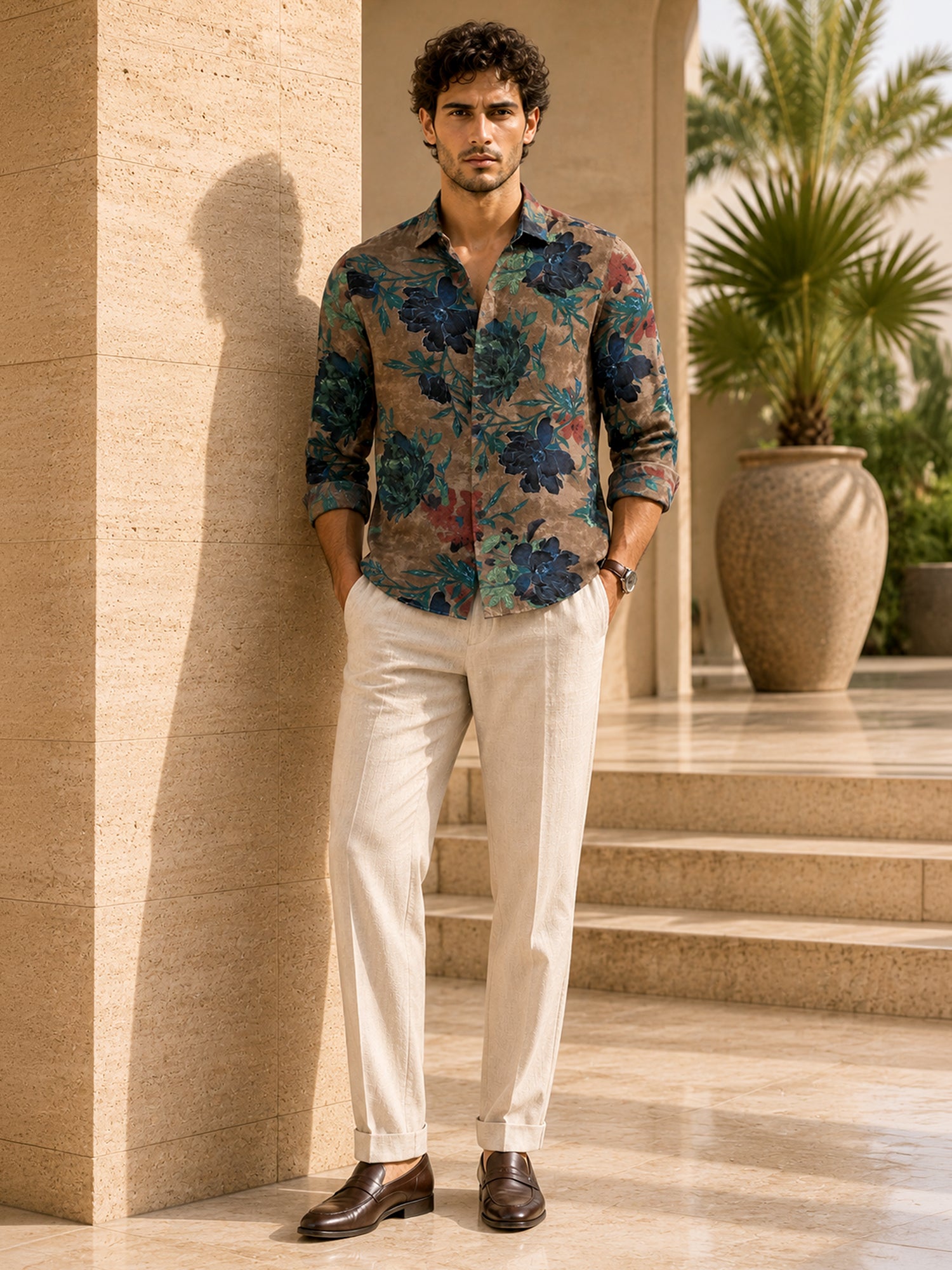 Men Brown Floral Print Full Sleeves Shirt