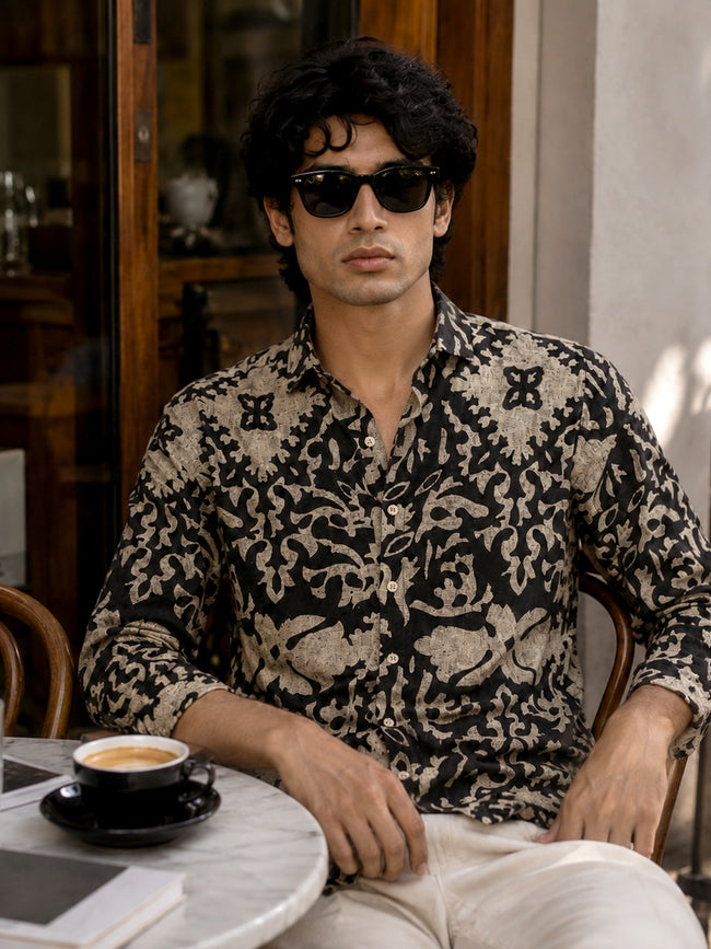 Men Black Printed Cotton Regular Fit Shirt