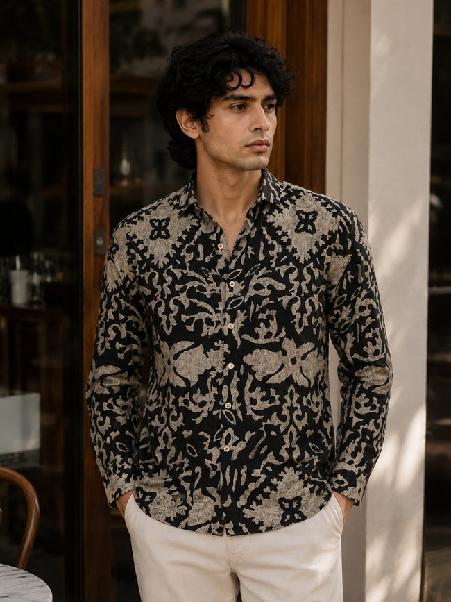 Men Black Printed Cotton Regular Fit Shirt