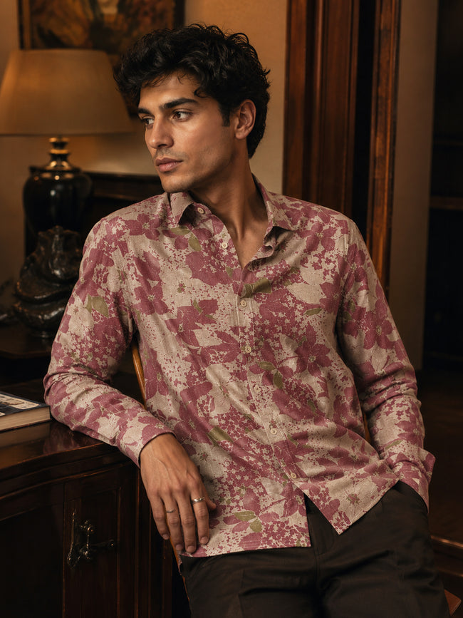 Men Beige Printed Cotton Regular Fit Shirt