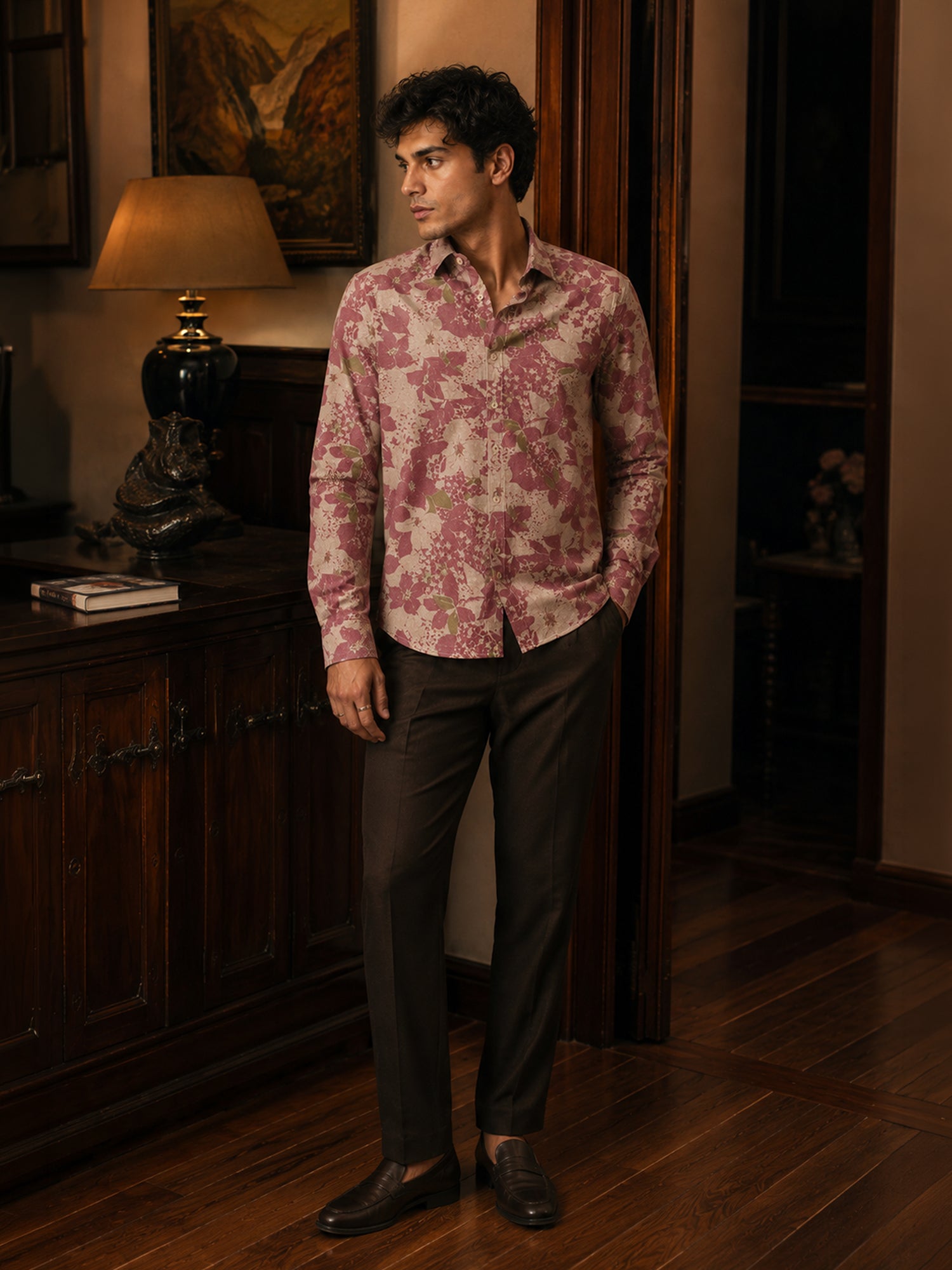 Men Beige Printed Cotton Regular Fit Shirt
