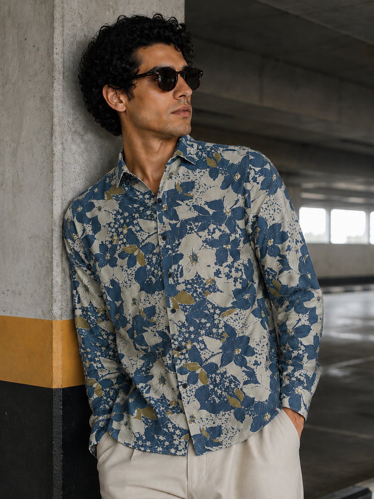 Men Beige Floral Printed Cotton Shirt