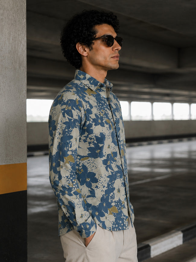 Men Beige Floral Printed Cotton Shirt