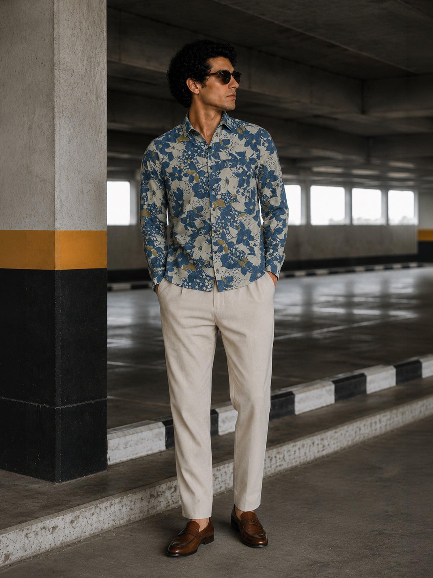 Men Beige Floral Printed Cotton Shirt