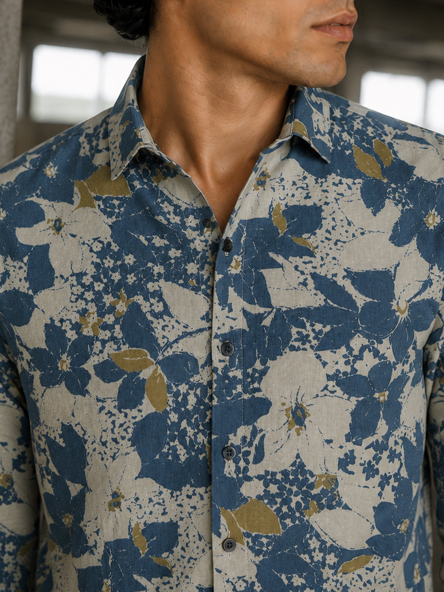 Men Beige Floral Printed Cotton Shirt