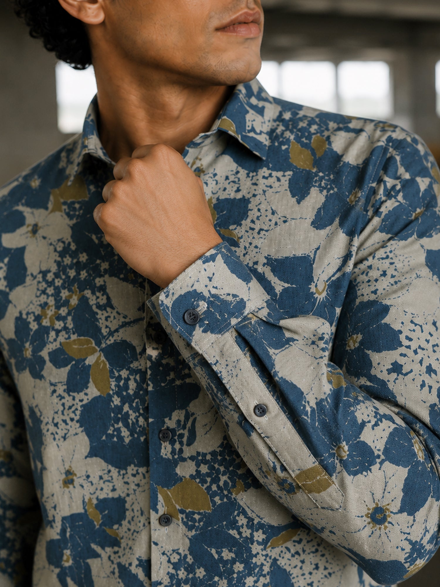 Men Beige Floral Printed Cotton Shirt