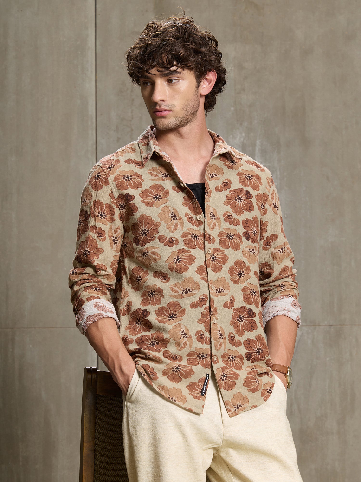 Men Beige Floral Print Full Sleeve Smart Casual Shirt