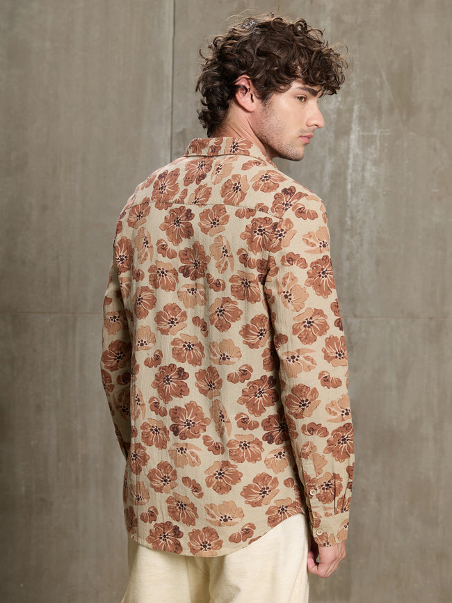 Men Beige Floral Print Full Sleeve Smart Casual Shirt