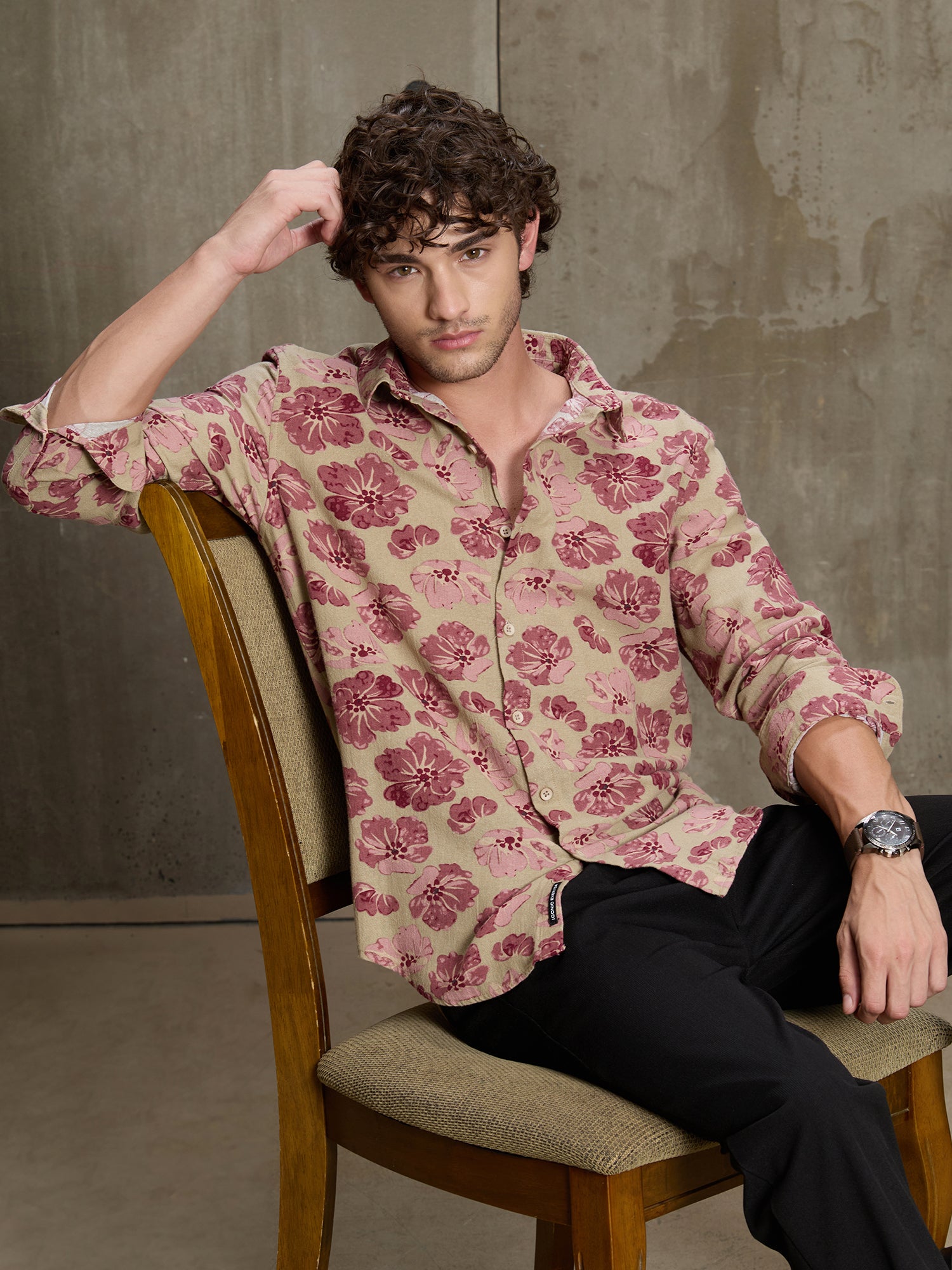 Men Beige Floral Casual Shirt