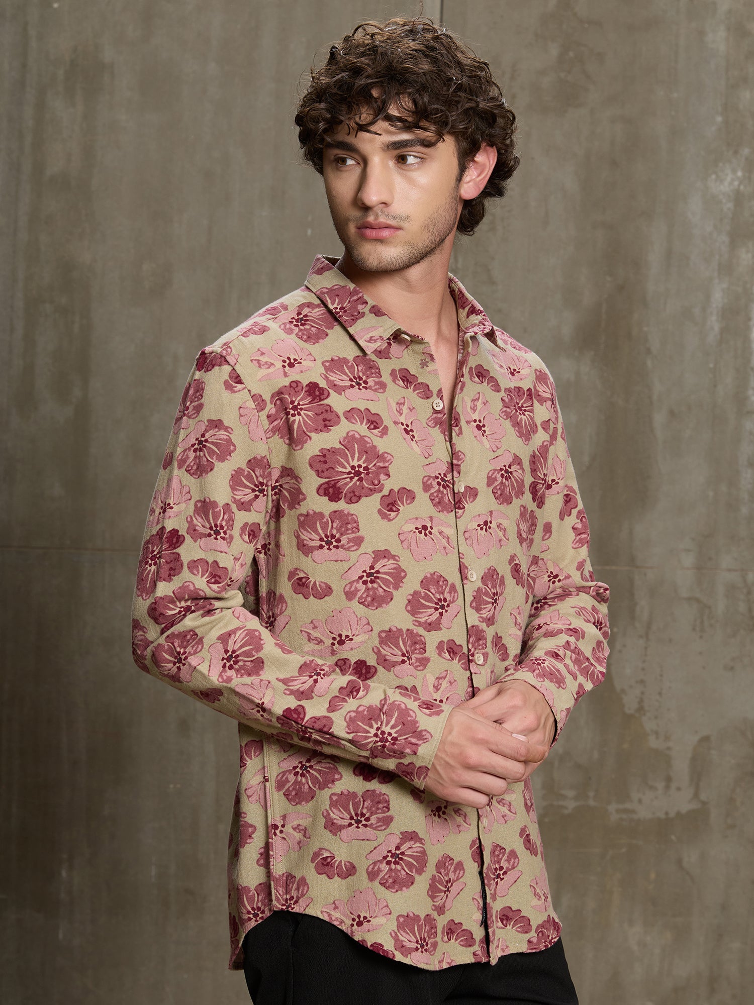 Men Beige Floral Casual Shirt
