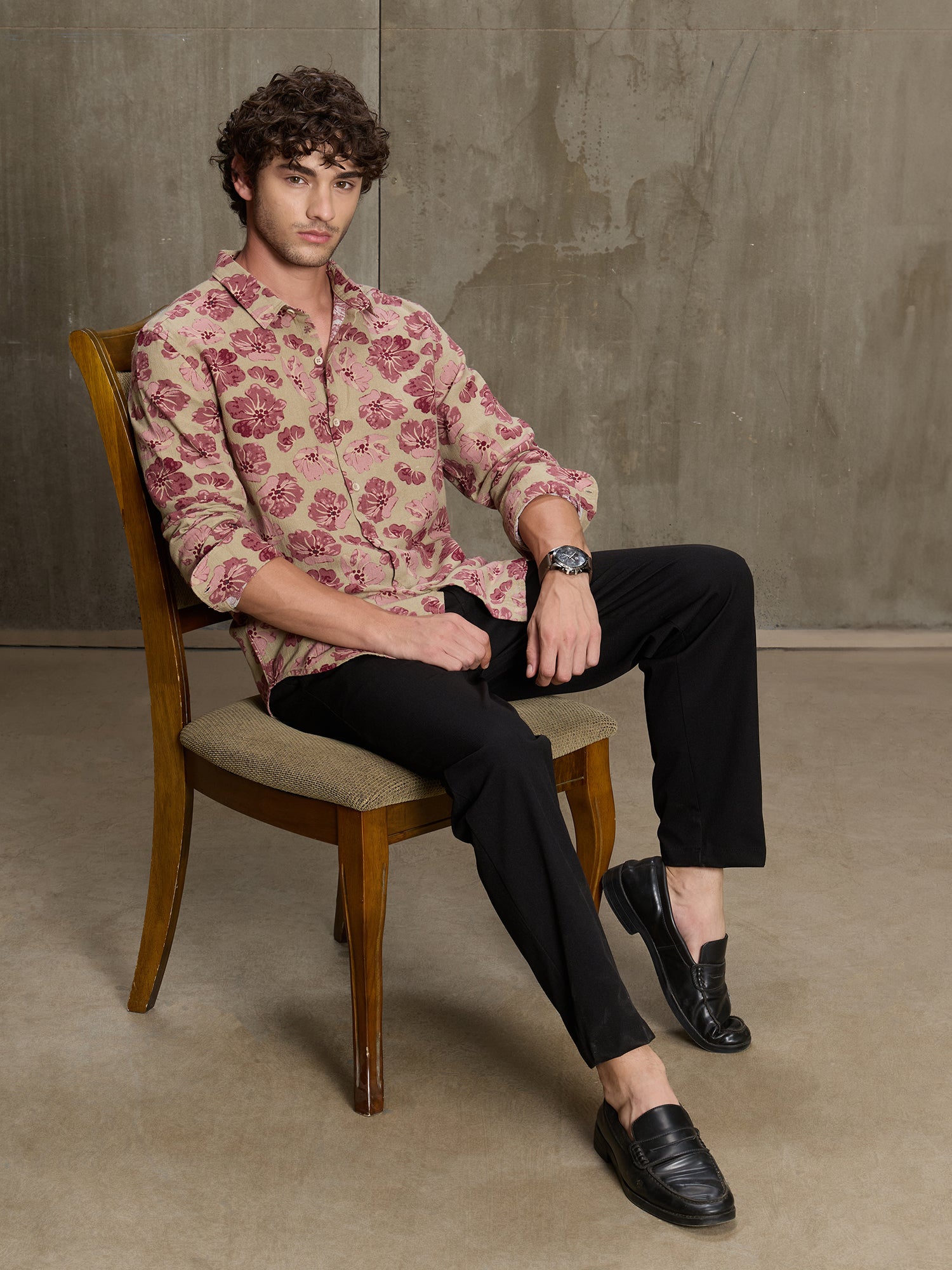 Men Beige Floral Casual Shirt
