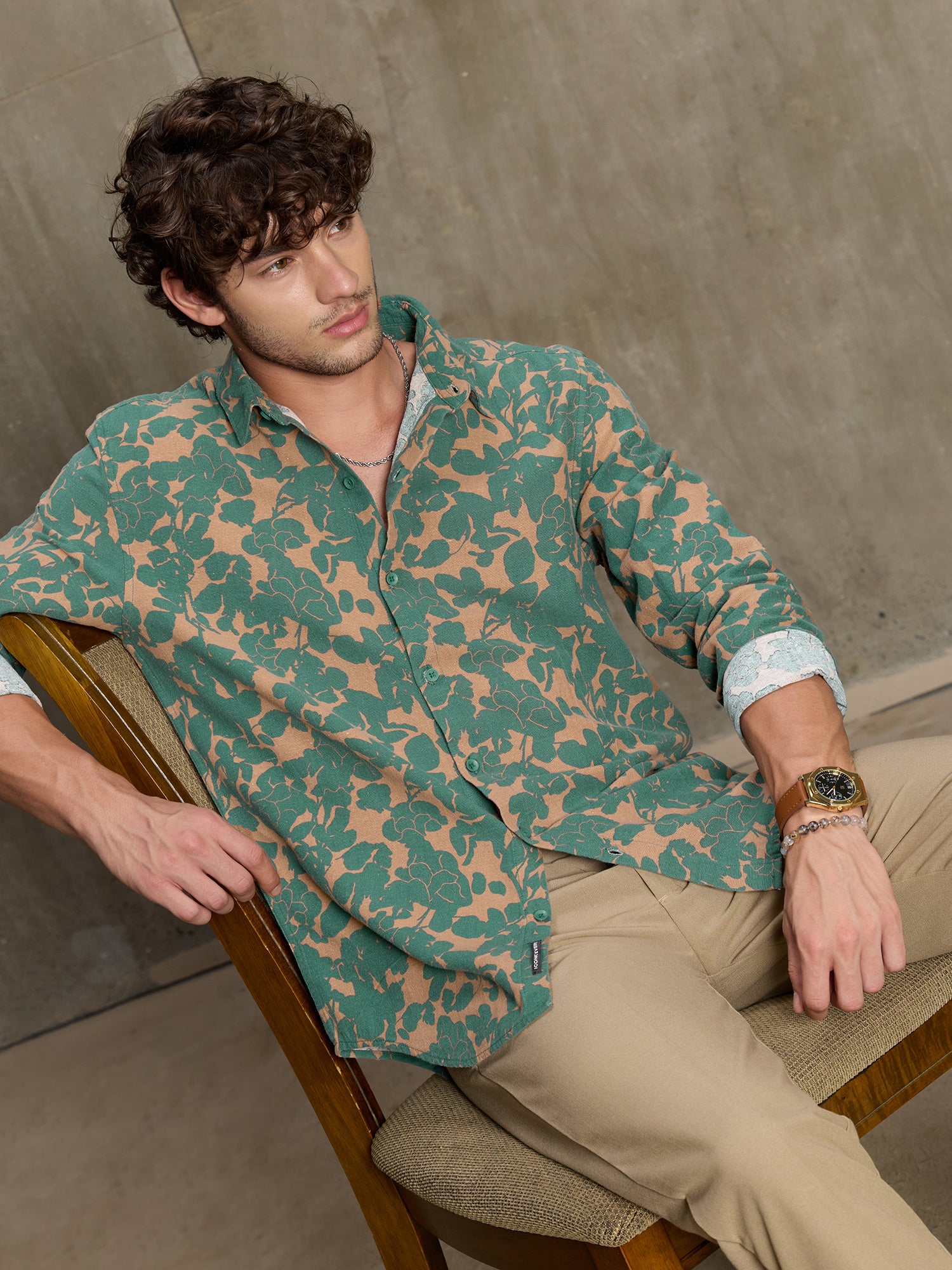 Men Green Botanical Print Full Sleeve Casual Shirt