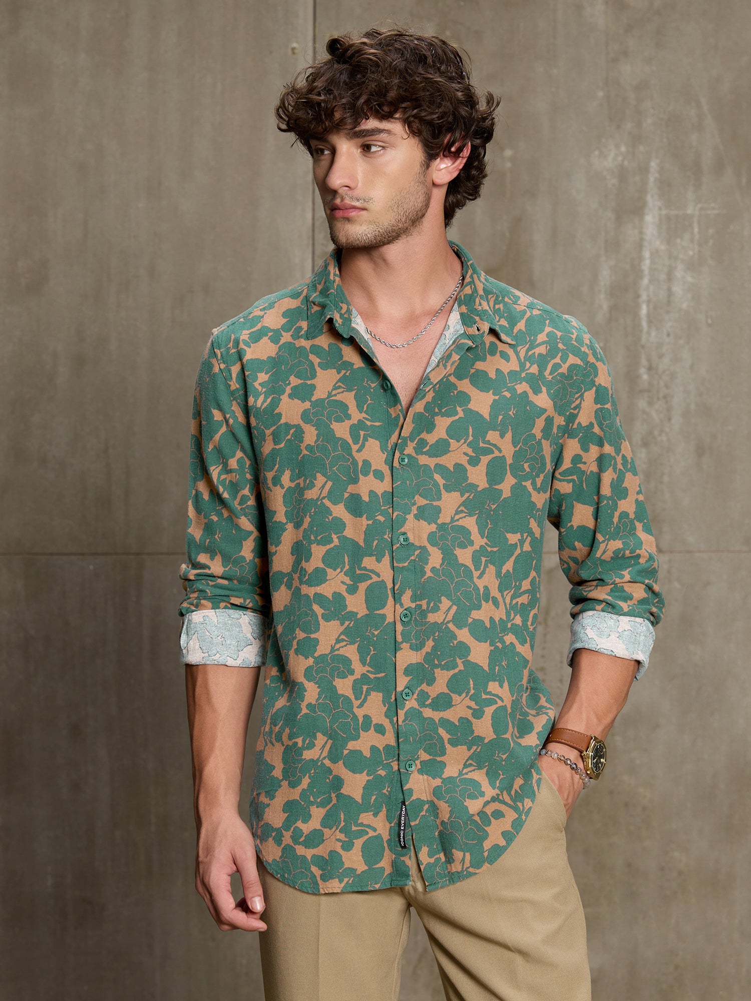 Men Green Botanical Print Full Sleeve Casual Shirt