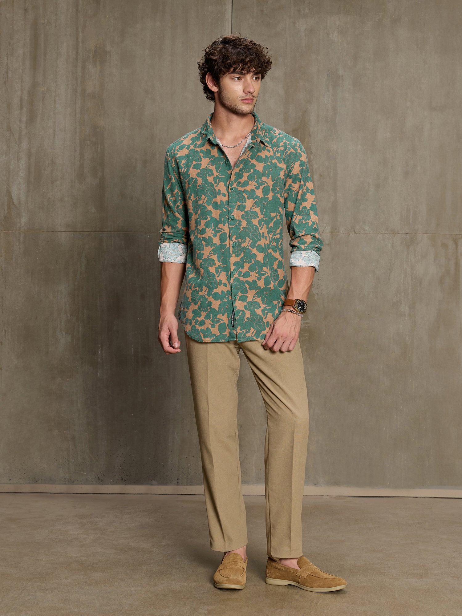 Men Green Botanical Print Full Sleeve Casual Shirt