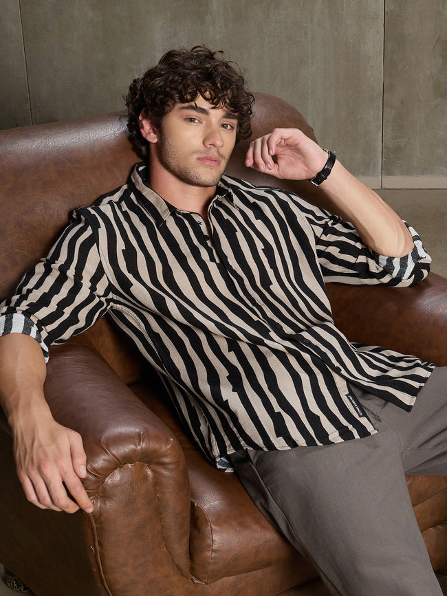 Men Beige Striped Full Sleeve Smart Casual Shirt