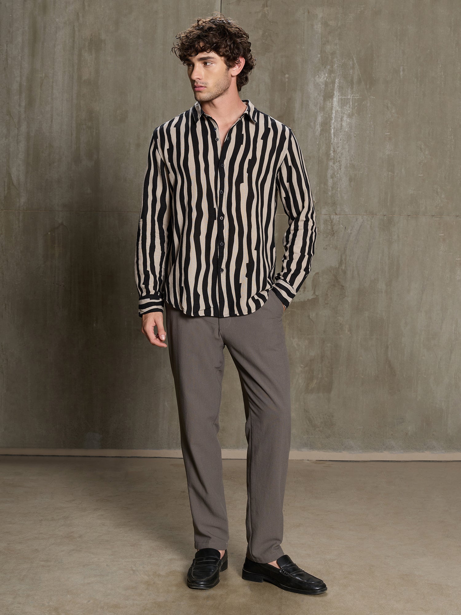Men Beige Striped Full Sleeve Smart Casual Shirt