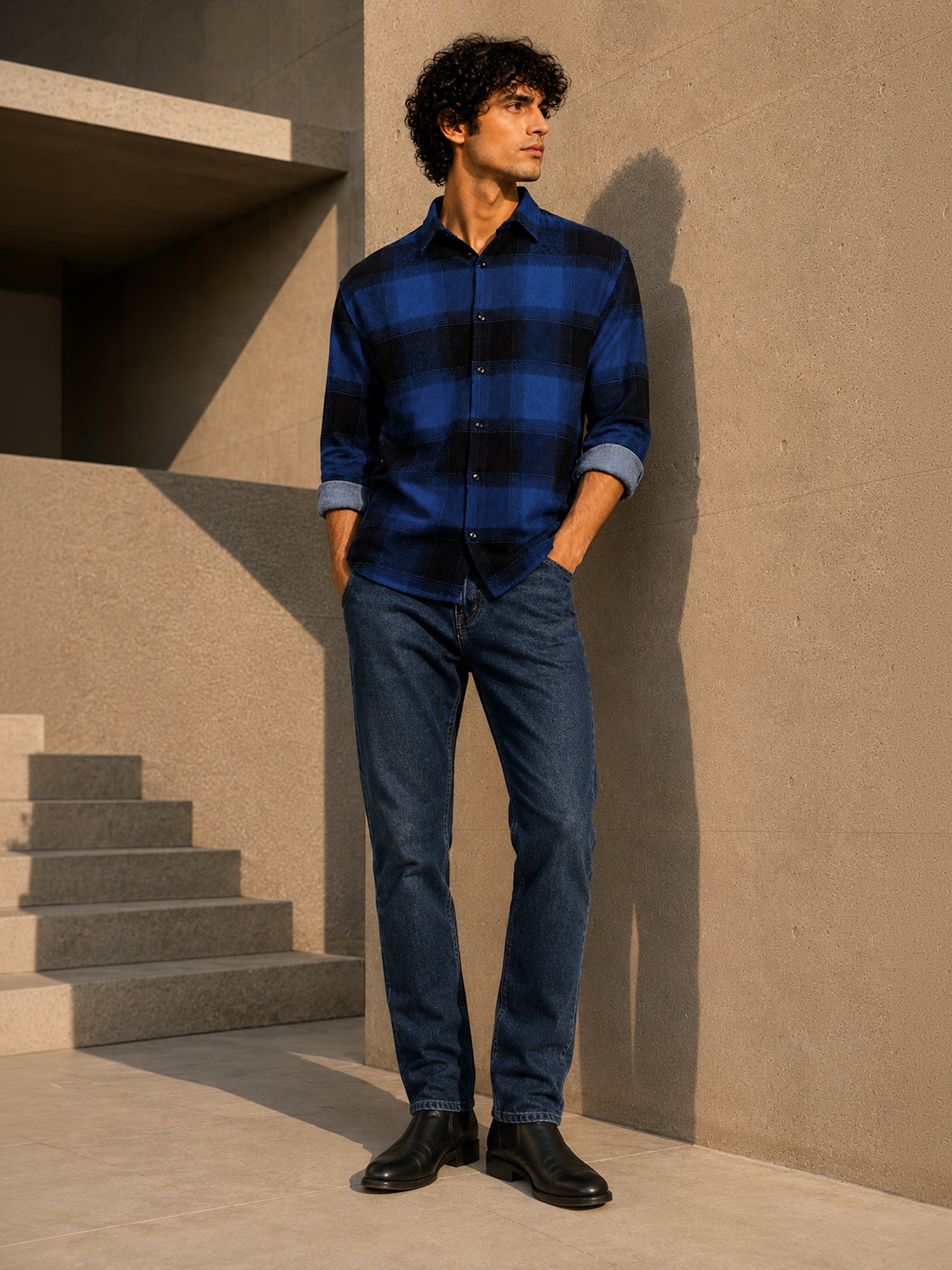 Men Blue Checked Shirt
