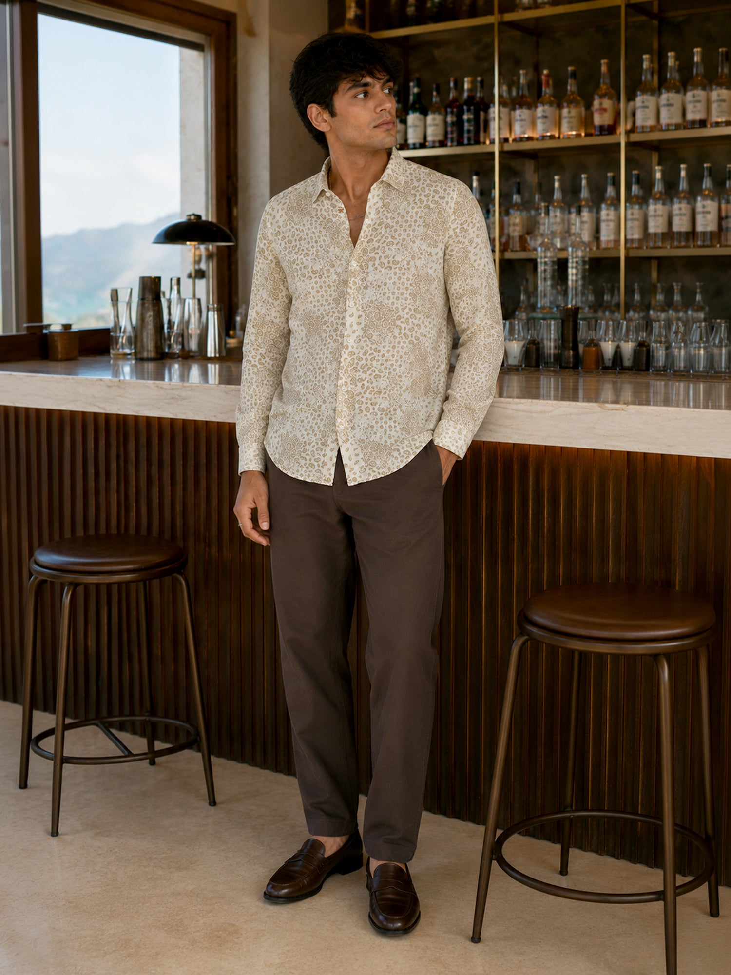 Men Beige Floral Printed Cotton Shirt