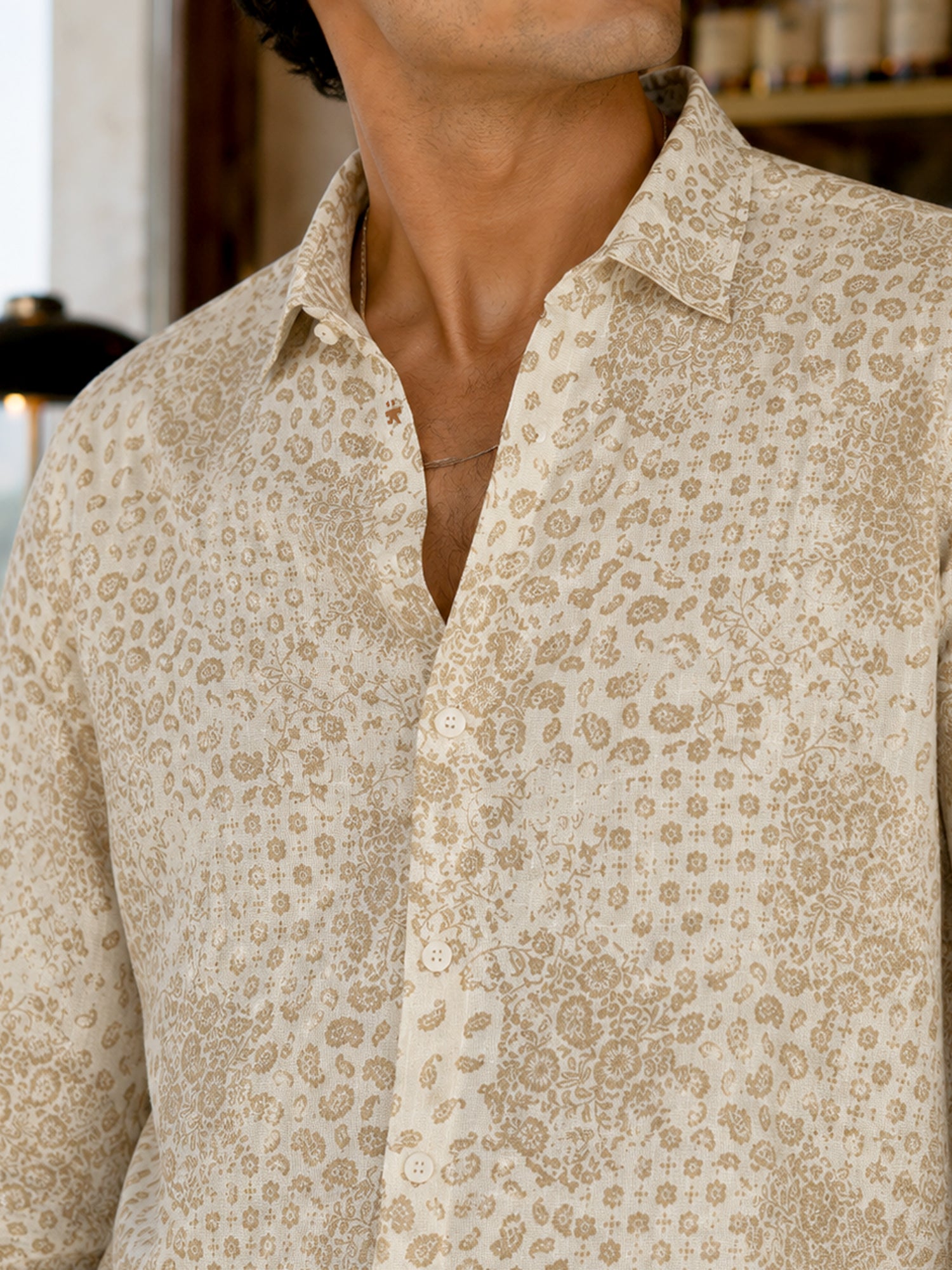 Men Beige Floral Printed Cotton Shirt