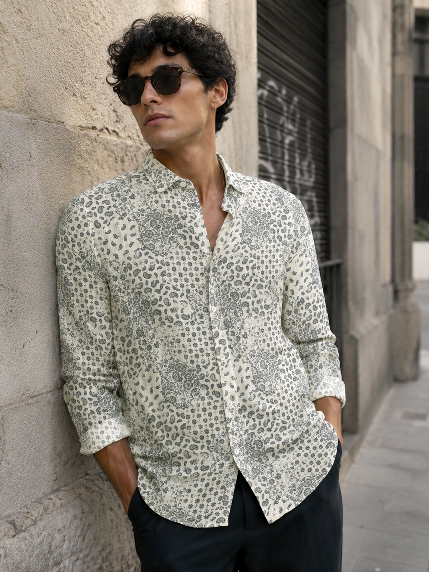 Men Grey Printed Cotton Regular Fit Shirt