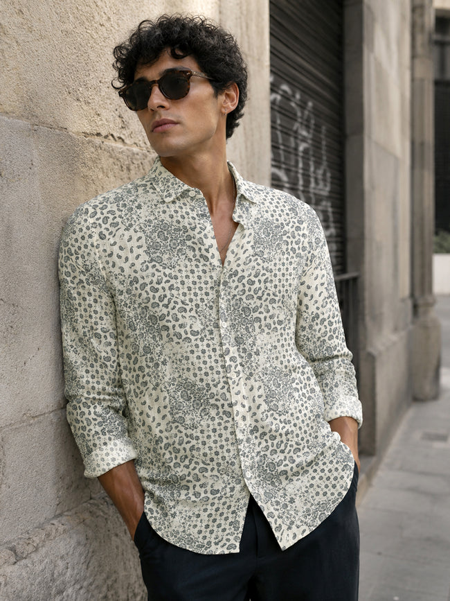 Men Grey Printed Cotton Regular Fit Shirt