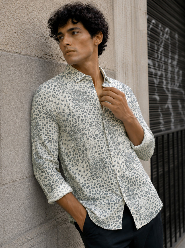 Men Grey Printed Cotton Regular Fit Shirt
