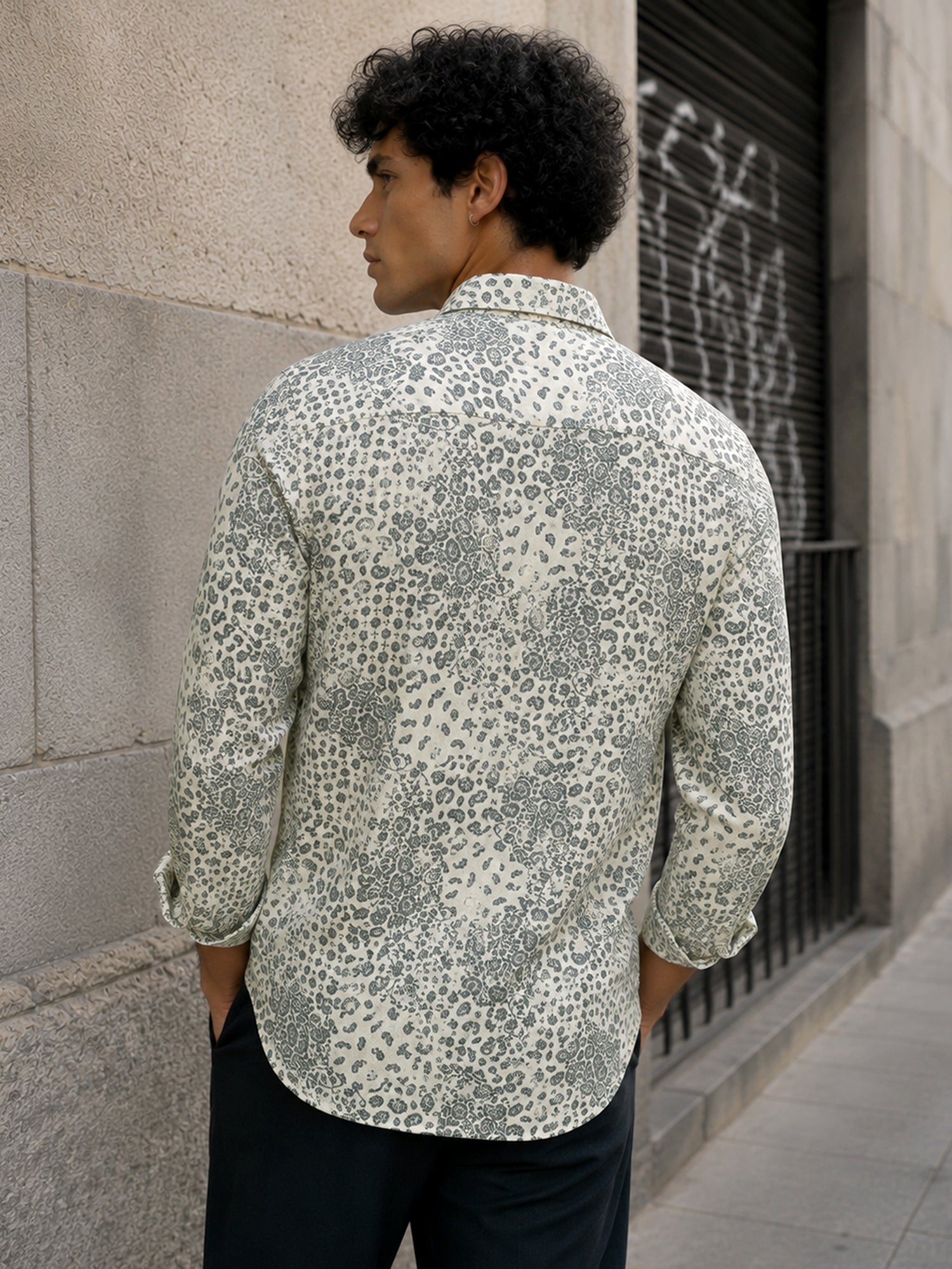 Men Grey Printed Cotton Regular Fit Shirt