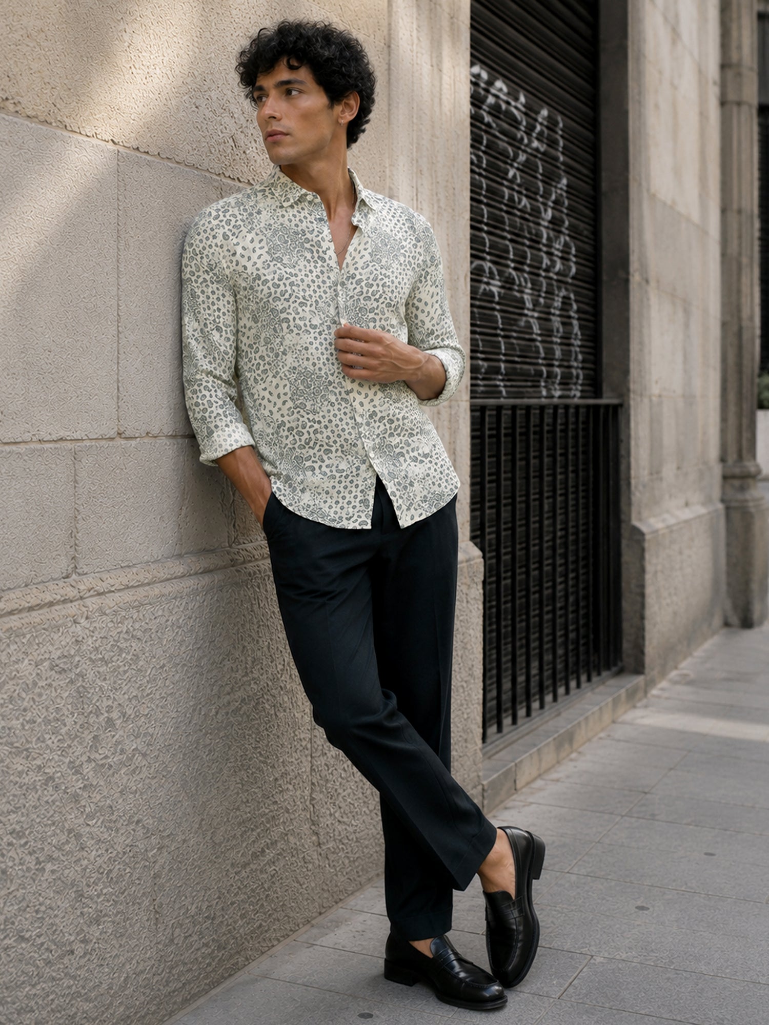 Men Grey Printed Cotton Regular Fit Shirt