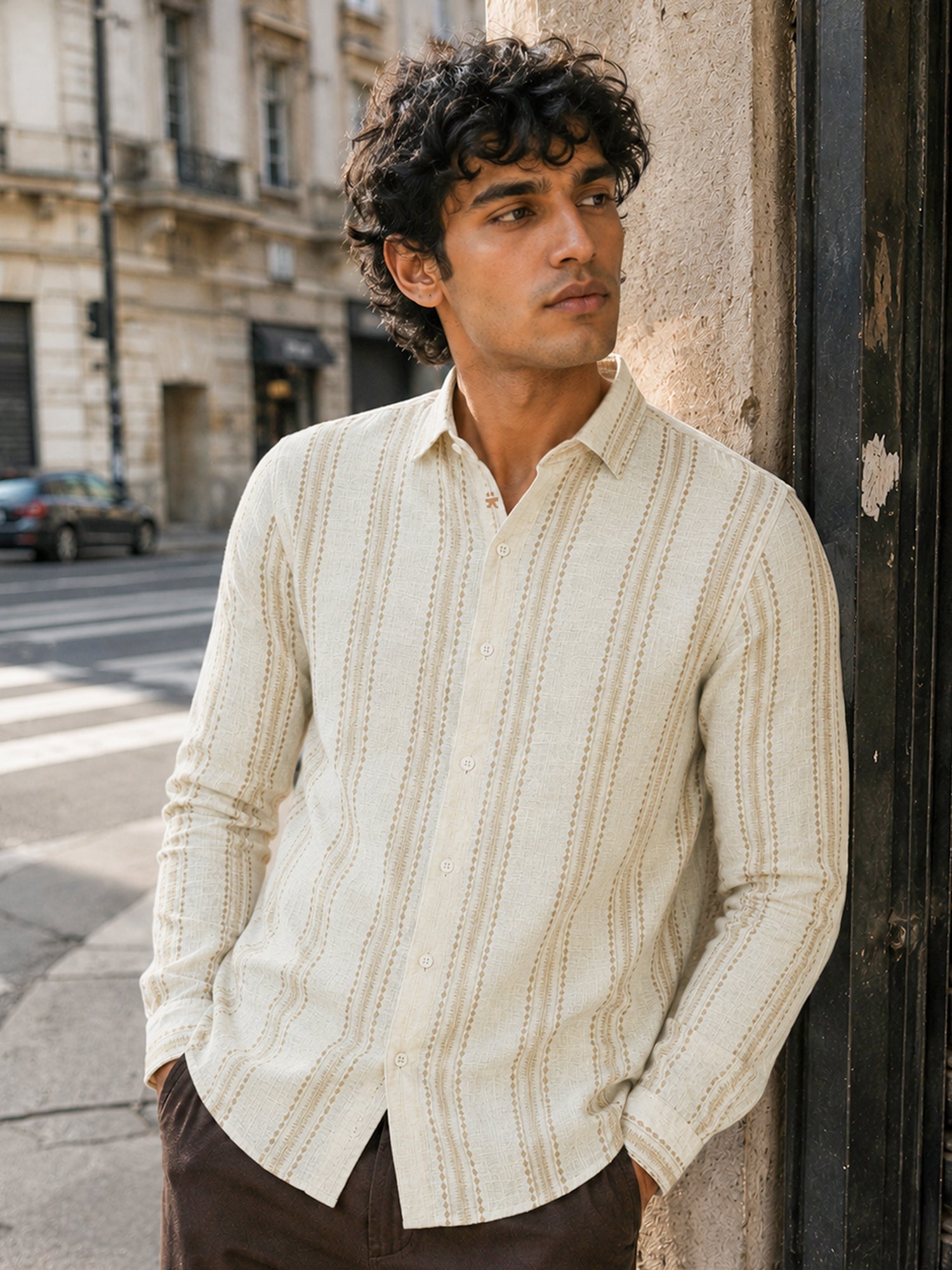 Men Off White Printed Stripes Cotton Shirt