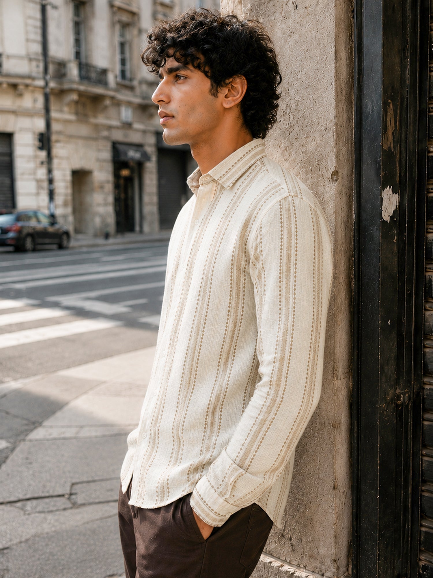 Men Off White Printed Stripes Cotton Shirt