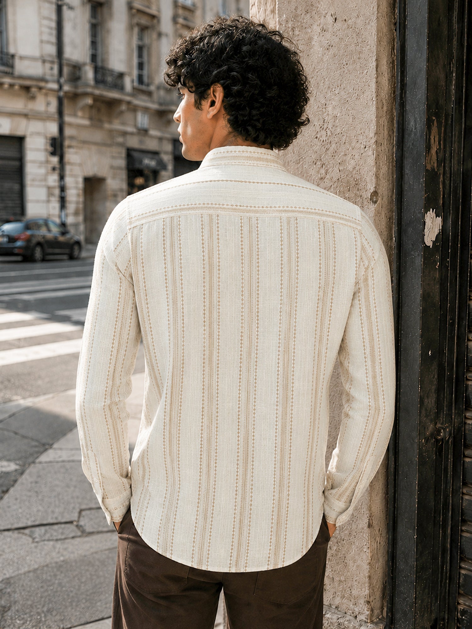 Men Off White Printed Stripes Cotton Shirt